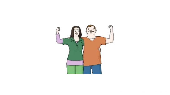 Eine Frau und ein Mann stehen Arm in Arm. Sie recken jeweils eine Faust in die Luft.