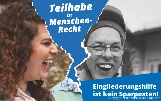 Links eine lachende Frau, rechts ein lachender Mann in schwarz/weiß. Zwischen ihnen geht ein Riss durchs Bild.