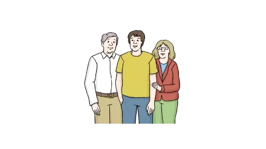 Ein junger Mann steht zwischen einem älteren Mann und einer Frau, die ihm freundlich die Hand auf den Arm legt.
