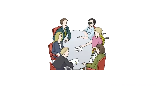 Sechs Personen mit und ohne Behinderung sitzen an einem Besprechungstisch und tauschen sich aus.
