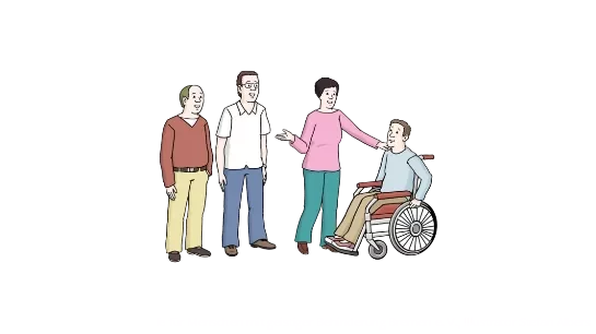 Zwei Männer und eine Frau heißen einen Mann in ihrer Gemeinschaft im Rollstuhl willkommen.