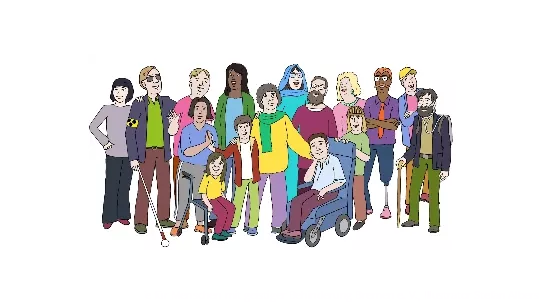 Viele verschiedene Menschen stehen zusammen. Sie sind alle unterschiedlich: klein, groß, mit und ohne Behinderung.